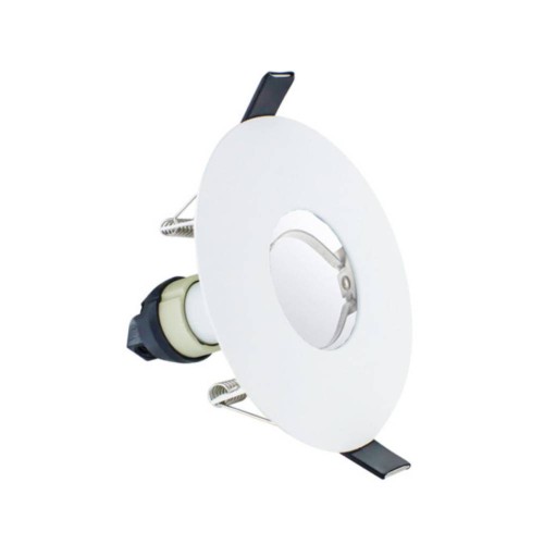 Evofire IP65 70mm-100mm cut-out Fire Rated Round Downlight in White with GU10 Holder and Insulation Guard