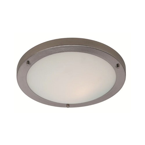 Rondo LED Flush Bathroom Light 11W IP44 Brushed Steel and Opal Glass Shade 310mm Diameter, Firstlight 8611BS