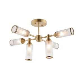 Fluty 6 Lamps Semi-Flush Ceiling Light in Satin Brass with Frosted Ribbed Glass Shades using 6x G9 LED Lamps