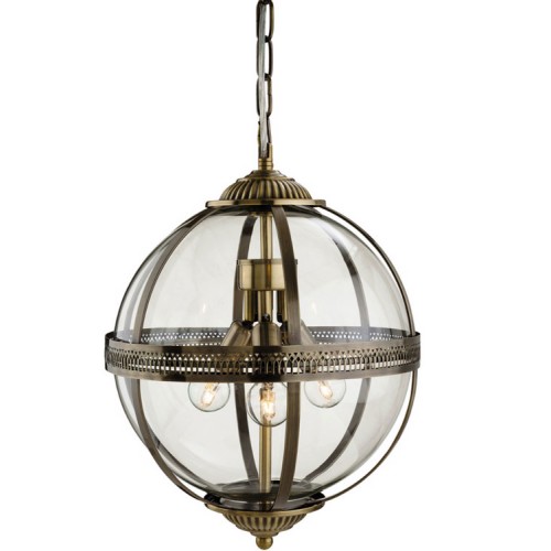 Firstlight Mayfair Pendant in Antique Brass Metalwork, Clear Glass Spherical Shade and Chain