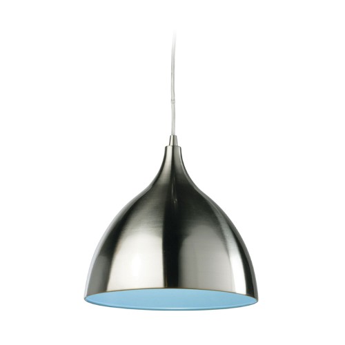 Cafe Pendant in Brushed Steel and Blue Interior Shade, Cone Style Suspension Lamp ES/E27 Firstlight 5744BS