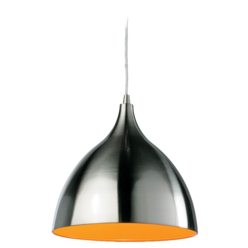Cafe Pendant in Brushed Steel Exterior and Orange Interior, Cone Style Suspension Lamp 25cm dia