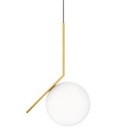 Flos iC S2 Pendant Ceiling Lamp in Brass with 30cm Opal Diffuser design Michael Anastassiades