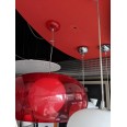 Balun Pendant Ceiling Light in Transparent Red Shade with Opal White Globe Lens