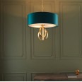 Molly 3 Light Pendant Antique Gold Leaf with Teal Satin Fabric Shade using 3x E27/ES LED Lamps