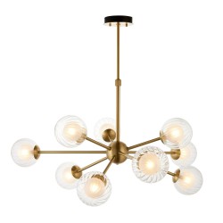 Morty 9 Lights Pendant Lamp in Satin Brass with Clear and Frosted Glass Diffusers 9x G9 LED lamps