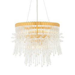Caly 9 Lamp Two Layers Pendant Light Polished Gold Plated with Clear Glass Rods 9x E14/SES LED