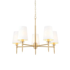 Fordy 5 Light Ceiling Pendant in Satin Brass with Vintage White Fabric Shades 5x E14/SES LED lamps