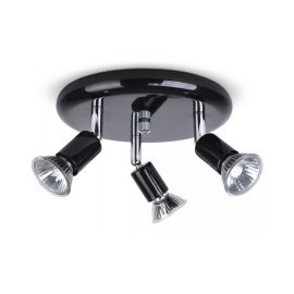 Triple Ceiling Spotlight on a Round Plate in Black with Chrome using GU10 Adjustable Spots