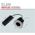 8W Baffled IP44 Dimmable Fire Rated LED Downlight 3000K (no bezel) Warm White 840lm ELAN-BF-3K