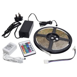 IP65 RGB Color Changing LED Striplight Kit 5m Reel 12V DC 7.2W/m c/w Power Adaptor, Remote Control, and Connection Accessories 