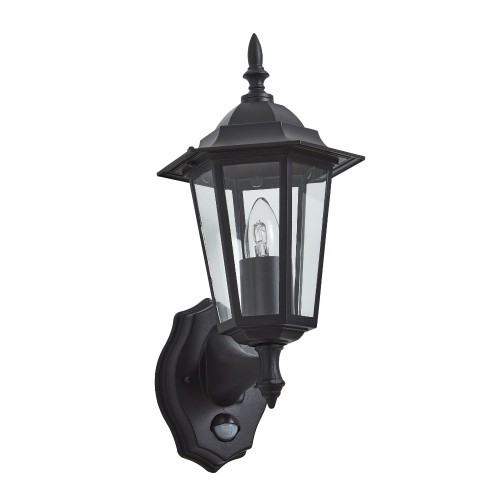 IP44 Traditional Wall Lantern in Black with PIR Sensor using 1x E27/ES for Outdoor Wall Lighting