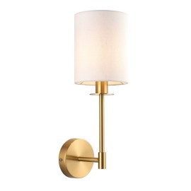 Cordy Matt Brass Wall Lamp with White Fabric Cylinder Shade using 1x E14/SES LED Lamp