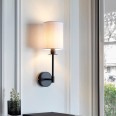 Cordy Matt Black Wall Lamp with White Fabric Cylinder Shade using 1x E14/SES LED Lamp
