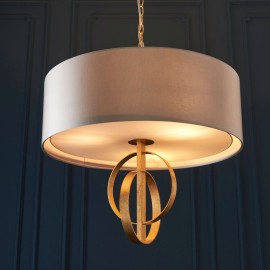 Molly 3 Light Pendant Antique Gold Leaf with Mink Fabric Shade using 3x E27/ES LED Lamps