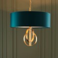 Molly 3 Light Pendant Antique Gold Leaf with Teal Satin Fabric Shade using 3x E27/ES LED Lamps