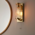 Vily Satin Brass Bathroom Wall Light with Ribbed Glass Cylinder Shade IP44 Switched using 1x E27 Filament LED