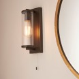 Vily Bronze Bathroom Wall Light with Ribbed Glass Cylinder Shade IP44 Switched using 1x E27 Filament LED