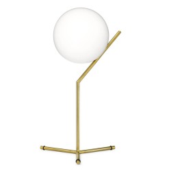 Flos iC T1 High Table Lamp in Brushed Brass with 20cm Opal Glass Diffuser design Michael Anastassiades