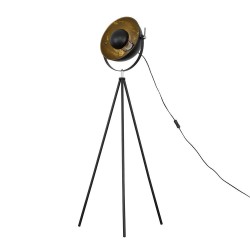 Tripod Floor Lamp in Black with Gold Inner Semi-Spherical Shade using E27/ES Lamp with Switch on Cord
