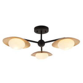 Platoy Gold and Dark Bronze 3 Lamps Semi-Flush Pendant with Dish Lamps and Pebble Shaped Opal Glass Diffuser G9 LED