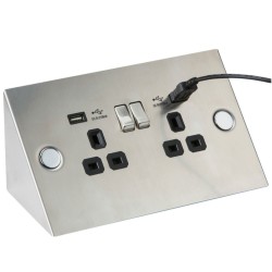 2 Gang 13A Switched Socket with 2 x USB Charger Wedge / Bench / Corner Socket Stainless Steel