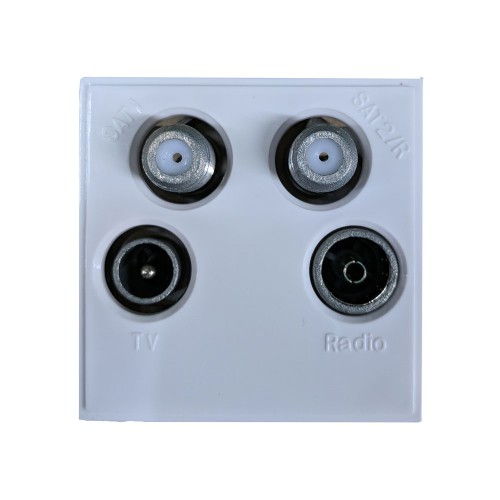White Quad Euro Module with TV male, FM-DAB Radio Female, and 2 x F-type SAT sockets 50x50mm