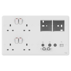 Lisse Combination Plate: 2 x 2 Gang 13A Sockets, 2 x 2 Module Euro Outlets, quadplex (TV-R/DAB & 2 x SAT), BT secondary & TV return White Moulded GGBL3020D4MP