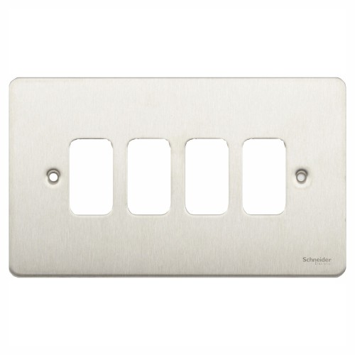 4 Gang Grid Cover Plate in Stainless Steel, Schneider GUG04GSS 4G Metal Flat Faceplate