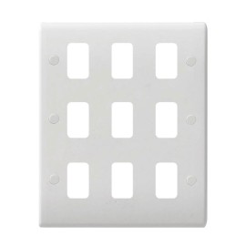 9 Gang Grid Face Plate in Moulded White c/w Mounting Frame, Schneider GUG09G Ultra Low Profile Flat Plate