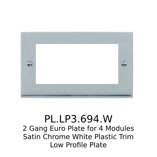 2 Gang Euro Plate for 4 Modules Satin Chrome White Plastic Trim Low Profile Plate, Richmond Elite