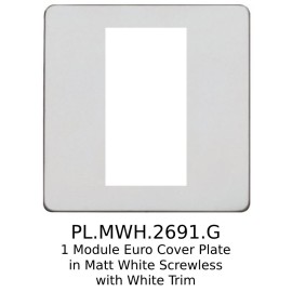 1 Module Euro Cover Plate in Matt White Screwless with White Trim, Mode White