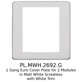 2 Module Euro Cover Plate in Matt White Screwless with White Trim, Mode White