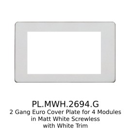 4 Module Euro Cover Plate in Matt White Screwless with White Trim, Mode White