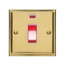 45A Red Rocker Cooker Switch (Single Plate) with Neon in Polished Brass with White Trim Elite Stepped Flat Plate