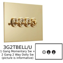 3 Gang Momentary Switch/Dolly Unlacquered Brass: 1 Momentary Switch + 2 x 2 way Dolly Switches