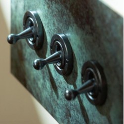3 Gang Toggle Switch: 2 x 2 Way and 1 x Intermediate Dolly in Verdigris from Forbes and Lomax
