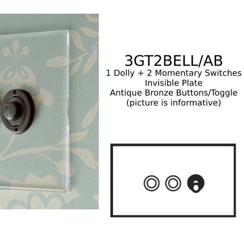 3 Gang Dolly/Momentary Switch Invisible Plate with Antique Bronze: 2 x Momentary Switch and 1 x 2 way 20A Dolly