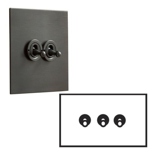 3 Gang 20A Dolly Switch: 1 x 2 Way and 2 x Intermediate Dolly Switch in Antique Bronze Plate and Toggle Switch