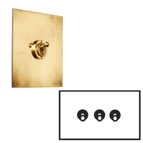 3 Gang 20A Dolly Switch: 1 x 2 Way and 2 x Intermediate Dolly Switch in Aged Brass Plate and Toggle Switch