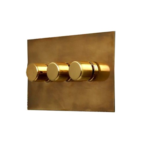 3 Gang LED Dimmer Aged Brass Plate and Knob: 3 Gang 200W Halogen / 3 x 0-120W Trailing Edge Rotary LED Dimmer