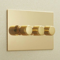 3 Gang LED Dimmer Unlacquered Brass Plate and Knob: 3 Gang 200W Halogen / 3 x 0-120W Trailing Edge Rotary LED Dimmer