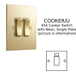 1 Gang Cooker Switch 45A with Neon in Unlacquered Brass Plate and White Trim from Forbes and Lomax