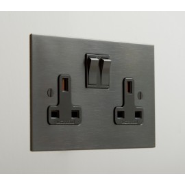 2 Gang 13A Switched Socket in Antique Bronze Plate and Black Rocker from Forbes and Lomax