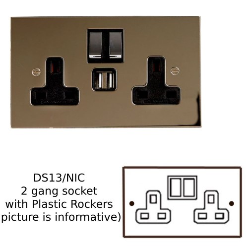 2 Gang 13A Switched Socket in Nickel Silver Plate and Plastic Rocker from Forbes and Lomax with White or Black Plastic Trim and Rocker