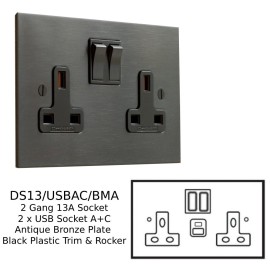 2 Gang 13A Socket with 2 x USB Charger Socket A+C Antique Bronze Plate with a Black Plastic Trim and Rocker