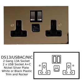 2 Gang 13A Socket with 2 x USB Charger Socket A+C Nickel Silver Plate with White or Black Plastic Trim and Rocker
