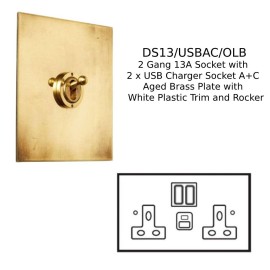 2 Gang 13A Socket with 2 x USB Charger Socket A+C Aged Brass Plate with a White Plastic Trim and Rocker