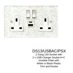 2 Gang 13A Socket with 2 x USB Charger Socket A+C Invisible Plate with White or Black Plastic Trim and Rocker