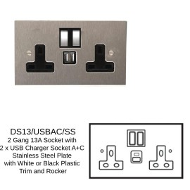 2 Gang 13A Socket with 2 x USB Charger Socket A+C Stainless Steel Plate with White or Black Plastic Trim and Rocker